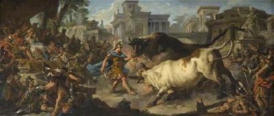 Jean-Francois De Troy Jason taming the bulls of Aeetes oil painting by Jean Francois de Troy depicting the classical Greek hero Jason during one of his challenges during hi